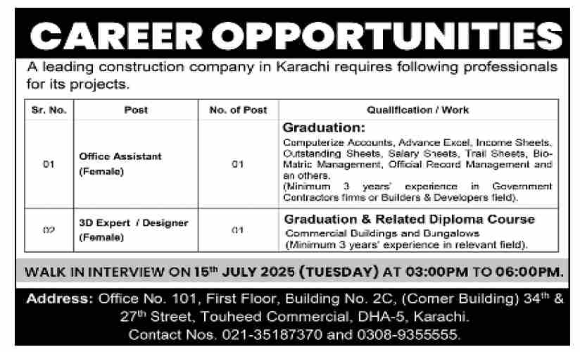 Jobs in Construction Company Karachi